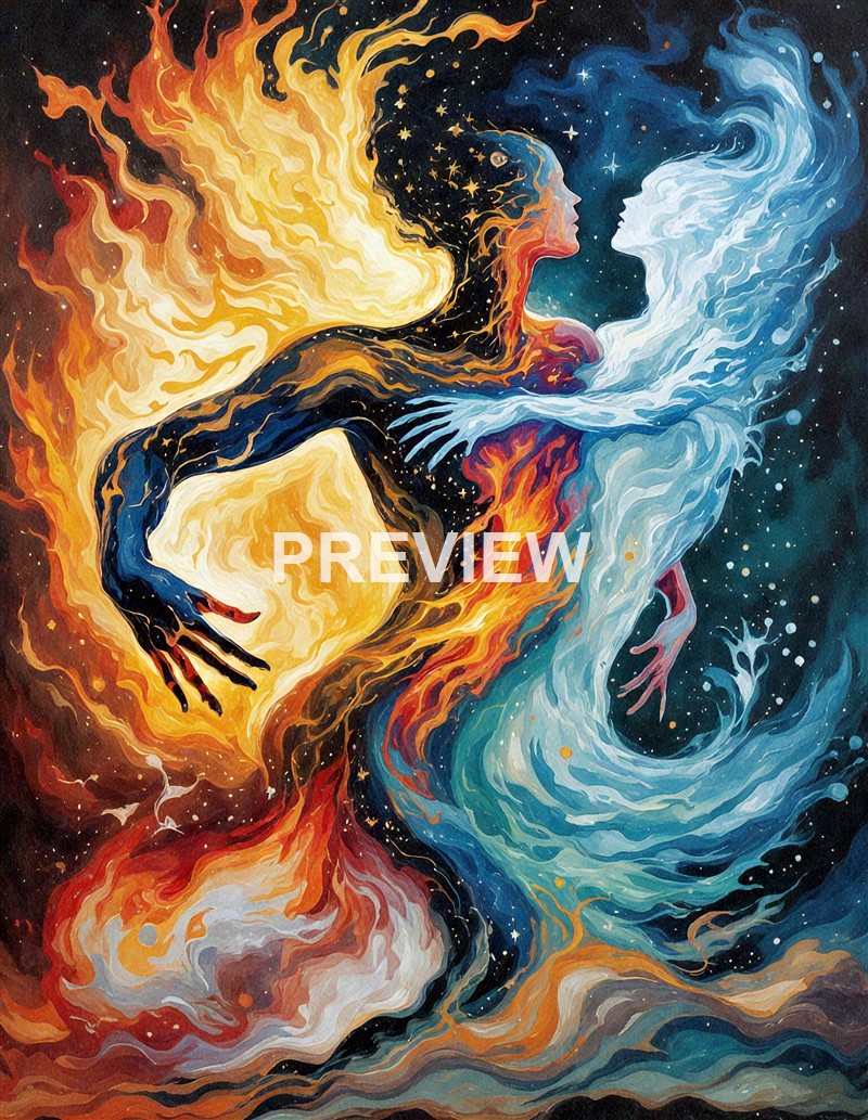 The image depicts two abstract, human-like figures intertwined, with one figure composed of fiery, warm tones and the other of cool, icy shades, both set against a cosmic background filled with stars and galactic elements, suggesting a dynamic contrast and connection between fire and ice.